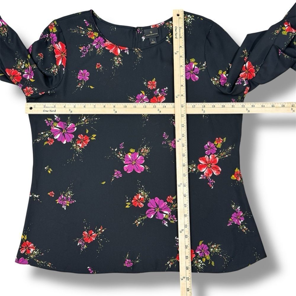 Worthington Boho Floral Blouse Tiered Ruffle‎ Bell Sleeve Black Pink Large - Picture 11 of 12